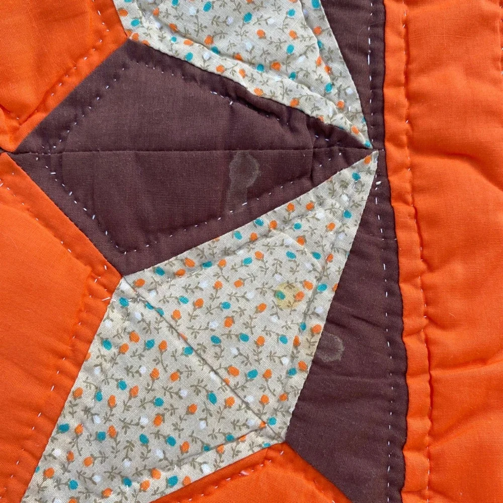 Vintage Handmade Patchwork Quilt Star‎ Geometric Orange Brown Calico 70s Retro - Picture 9 of 15